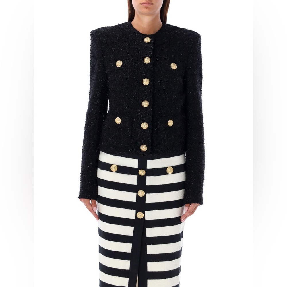BALMAIN GOLD-BUTTON TWEED LUREX JACKET FOR WOMEN Size FR 42 - Picture 7 of 15